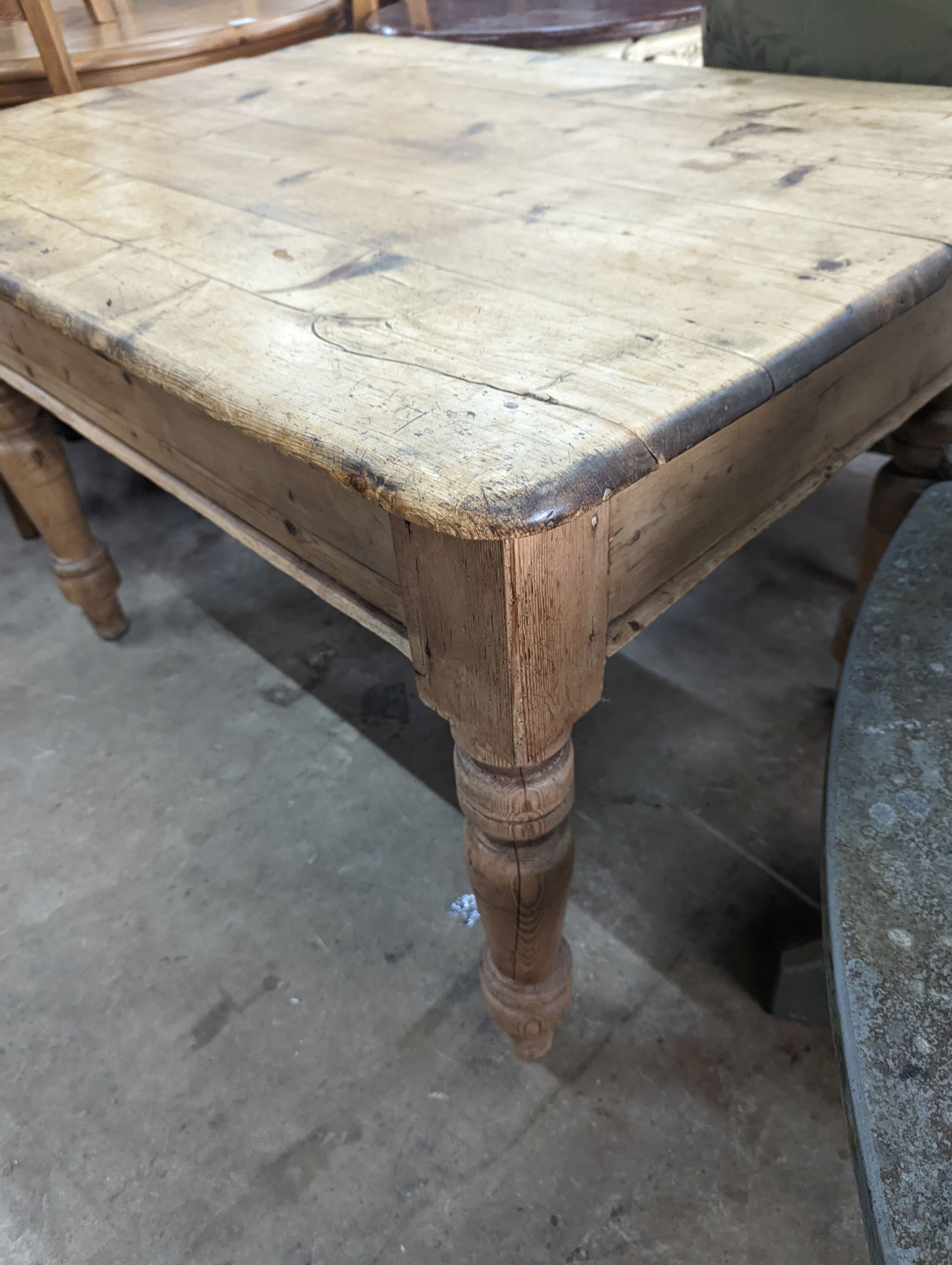 A Victorian pine kitchen table, fitted drawer, width 120cm, depth 86cm, height 74cm